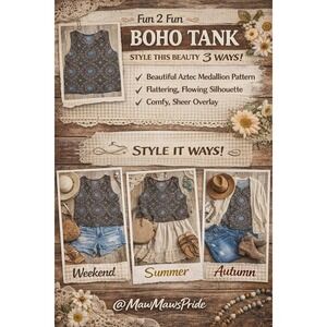 Fun 2‎ Fun Boho Tank Top Sheer V-Neck Overlay Sleeveless Blouse Aztek 1XL